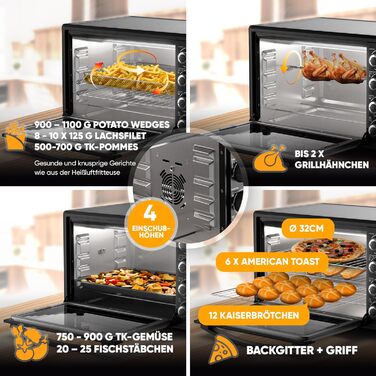 Міні-духовка Stillstern з конвекцією (45 л) Німецька версія, вставка для фритюрниці, рукавиці, буклет з рецептами, вертел, внутрішнє освітлення, 2000 Вт, тостер гриль Піч для піци Міні-піч ідеально підходить для кемпінгу