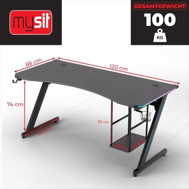 Ігровий стіл MY SIT Gizmo зі світлодіодним підсвічуванням, що змінює колір - Тримач для навушників, тримач для ПК та підсклянник - Потужне керування кабелями - Ігровий стіл/комп&39ютерний стіл чорного кольору