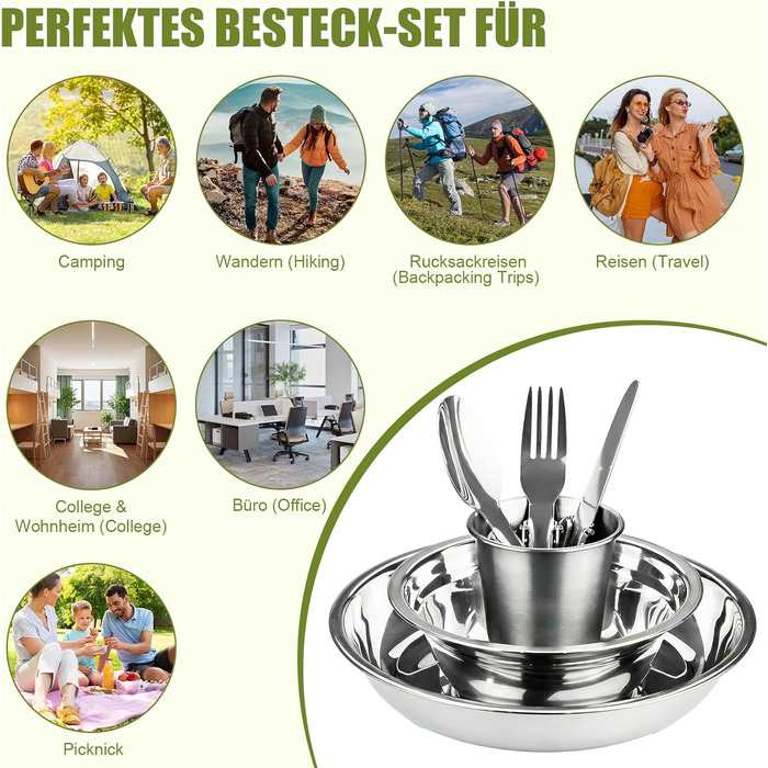 Набір посуду для кемпінгу на 2 особи - нержавіюча сталь 304, тарілки, миски, чашки та столові прибори, чохол та карабін, портативний посуд для пікніків, барбекю та відпочинку на природі (13 предметів)