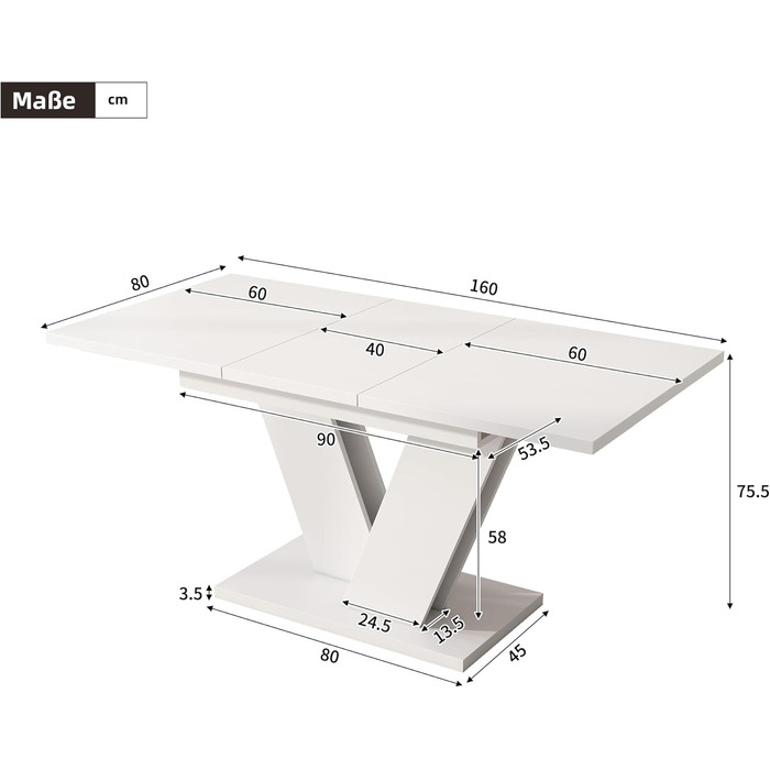 Розкладний обідній стіл 120/160 * 80 см, для 4-6 осіб, прямокутний, потовщена стільниця, V-подібні ніжки, білий