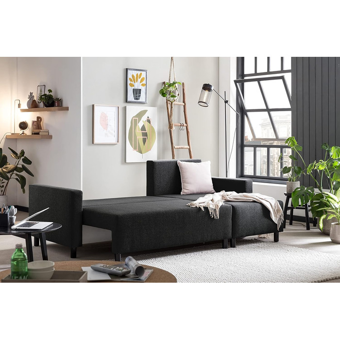 Диван-ліжко Traumnacht Avallon, L-подібний кутовий диван зі сном та місцем для зберігання речей у пуфі, виготовлений за німецькими стандартами якості, антрацит, 136 x 224 x 80 см