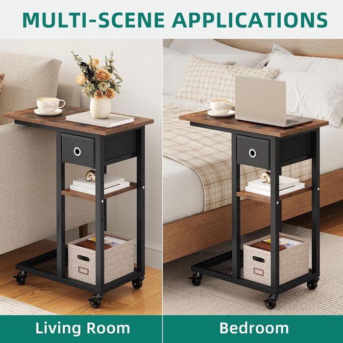 Журнальний столик YITAHOME, С-подібний диван-стіл з колесами та шухлядою, журнальний столик та журнальний столик для ноутбука, для вітальні, спальні, 50 x 30 x 67 см, рустикальний коричневий