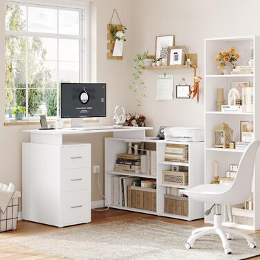Кутовий письмовий стіл FirFurd з подовжувачем, L-подібний комп&39ютерний стіл з книжковою полицею та шухлядами, кутовий стіл з місцем для зберігання, ПК-стіл для навчання/домашнього офісу, 129 x 104 x 76 см, білий