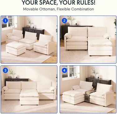 Диван FLEXISPOT на 4 особи, L-подібний кутовий диван з пуфом та місцем для зберігання речей, модульний компактний диван для вітальні, білий, 255 x (7258) x 116 см