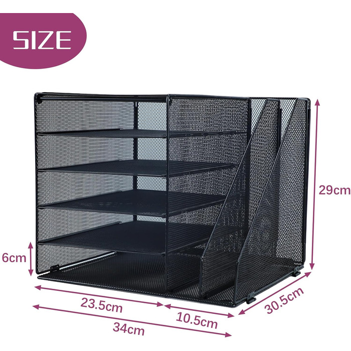 Металевий настільний органайзер, 5-ярусний лоток для паперу та листів з тримачами для файлів, сітчастий настільний органайзер для файлів з тримачем для журналів для зберігання офісних документів, 5 ярусів з 2 тримачами для файлів