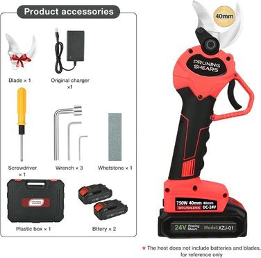 Бездротові електричні секатори 40 мм Електричні секатори з 2 акумуляторами ємністю 3000 мАг, SK5 із запобіжним блокуванням, підходять для садів, гілок та клумб (червоні)