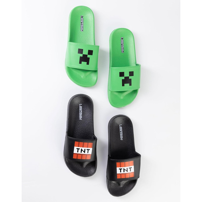 Слайдери Minecraft Creeper та TNT зеленого та чорного кольорів Повсякденне взуття для хлопчиків Набір із 2 слайдерів з обличчям Кріпера та ігровим елементом TNT, мерч, 31 EU