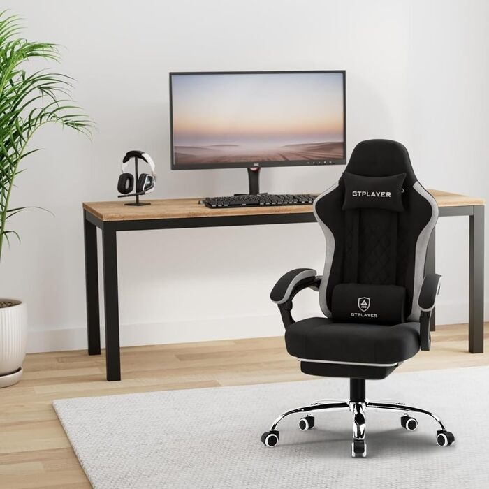 Ігрове крісло GTPLAYER Ергономічне ігрове крісло з тканинною поверхнею, пружинною подушкою сидіння, з&39єднувальними підлокітниками та підставкою для ніг 150 кг, біло-сіре