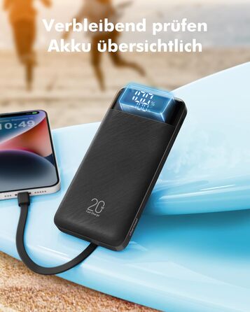 Зовнішній акумулятор Charmast Power Bank потужністю 22,5 Вт 20000 мАг з 4 кабелями та світлодіодним дисплеєм, USB C PD3.0 QC4.0, зовнішній акумулятор для мобільного телефону з 6 виходами, сумісний з iPhone 17 16 15 14 13 12 Pro Max Plus, планшетом Samsung