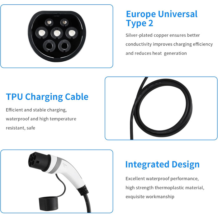 Зарядний кабель EVIEUN тип 2 22кВт 32А для гібридних та електромобілів 3 фази 3-метровий зарядний кабель типу 2, зарядний кабель е