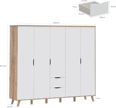 Гардероб Forte VANKKA 230, шафа в скандинавському стилі з 5 дверима на петлях та 2 шухлядами, витончені меблеві ніжки, інженерна деревина, декор дубовими дошками Білий, 228,8 см завширшки x 201,5 см заввишки x 52,7 см завглибшки. Біло-дубова 5-дверна шафа