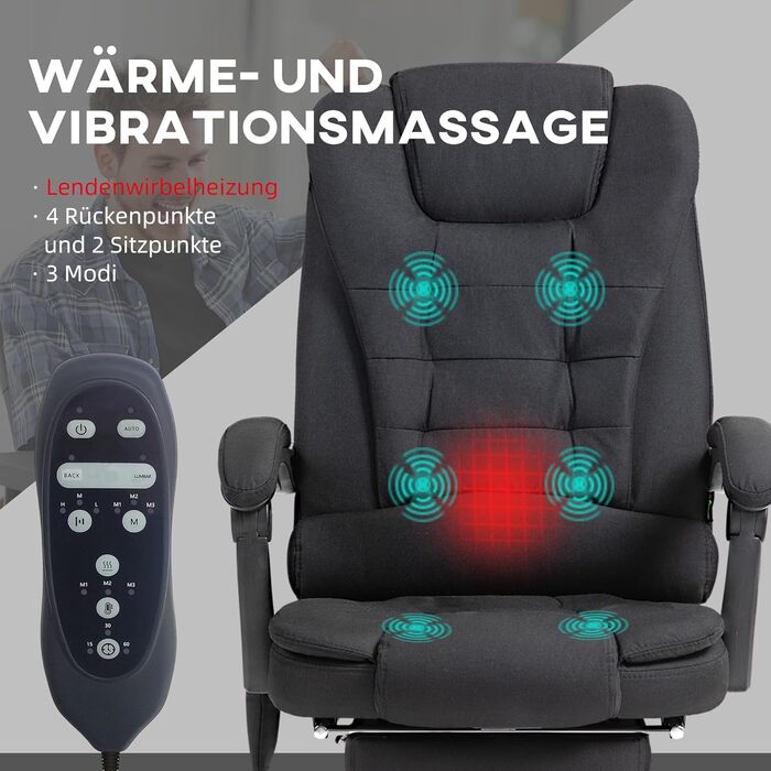 Офісне крісло Vinsetto з функцією масажу, ергономічне робоче крісло з функцією відкидання та підігріву, підставка для ніг, комп&39ютерне крісло з регульованою висотою, бічною кишенею та пультом дистанційного керування, чорна тканина з ефектом оксамиту та 