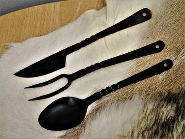 Середньовічний набір столових приборів, кована сталь ручної роботи, ніж, виделка, ложка 4261