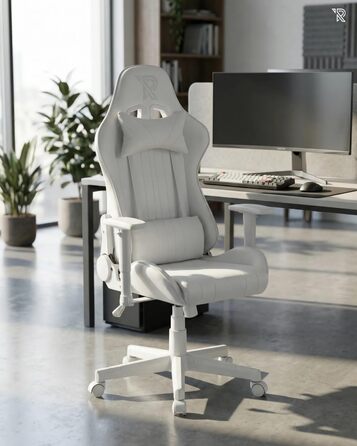 Ергономічне ігрове крісло Felix Original з регульованою спинкою, 2D підлокітниками, подушками для попереку та шиї, високою спинкою, штучною шкірою, міцною сталевою рамою, для високих людей, біло-сірим