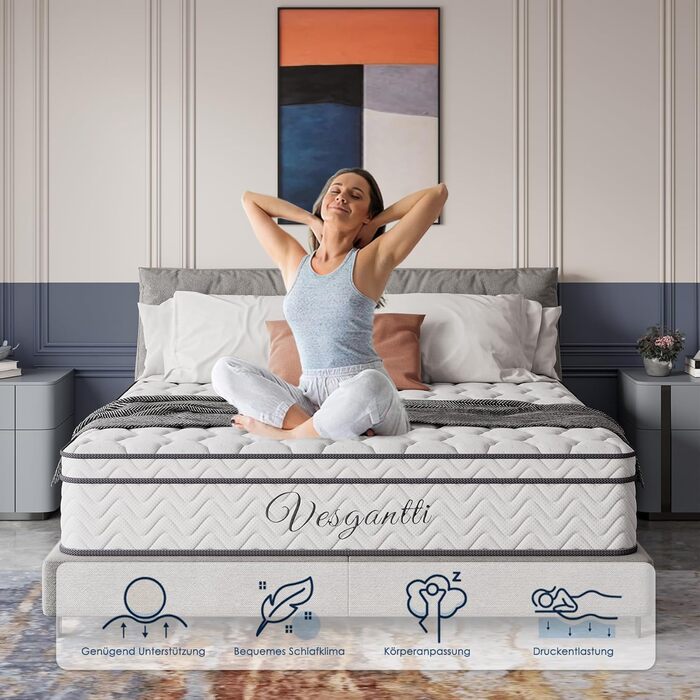 Матрац Vesgantti 30 см високий H3 7-зонний 160x200 см пружинний блок-пружинний матрац середньої жорсткості ортопедичний матрац з холодної піни сертифікований Oeko-Tex класичний матрац Box-Top H3, Box-top 30 см 160 x 200 см