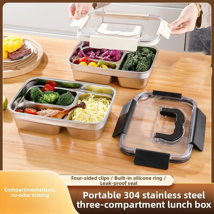 Ланчбокс з нержавіючої сталі, 1800 мл, з ручкою, герметичний, 3 відділення, придатний для використання в мікрохвильовій печі, контейнер для їжі для роботи, школи або пікніків (чорний)