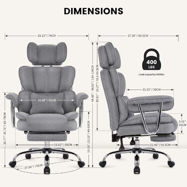 Ергономічне офісне крісло IWMH з підставкою для ніг та поперековою опорою, крісло керівника 200 кг XXL, обертове крісло з підлокітниками та підголівником, тканина з регульованою висотою (сірий колір)