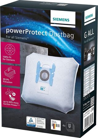 Пилосос Siemens Q5.0 extreme Silence Power EEK B (850 Вт, місткість мішка 4 л, гігієнічний фільтр високої ефективності), чорний мішки для пилососа PowerProtect (тип G All, крім VS01)