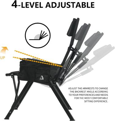 Складаний кемпінговий стілець, висока спинка, регульована спинка в 4 положеннях, до 150 кг, садовий стілець з тримачем для напоїв та бічною кишенею, рибальський стілець, вуличний стілець для кемпінгу, саду, балкону (чорний)