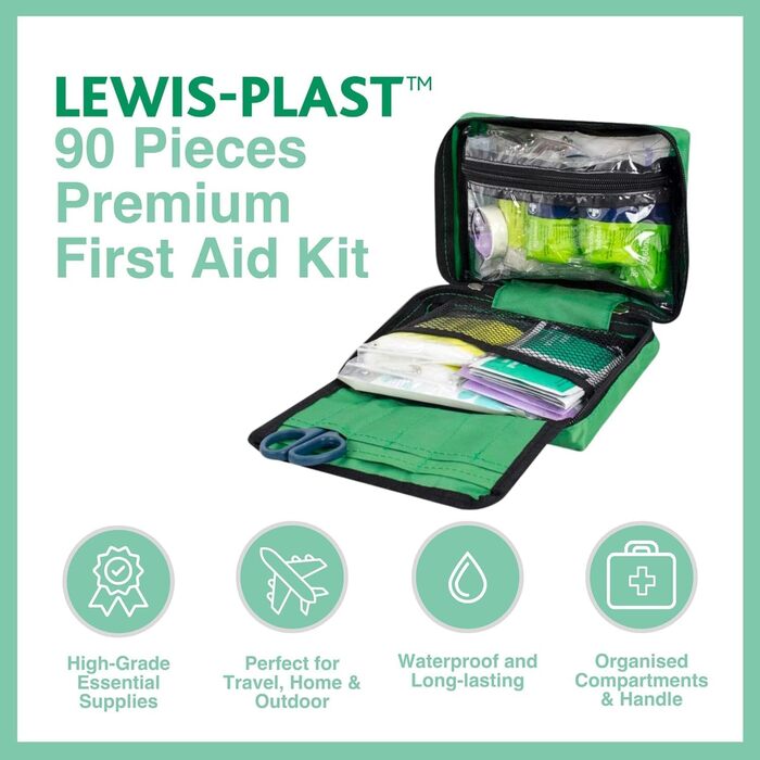 Аптечка преміум-класу Lewis-Plast на 90 предметів - містить очну рідину, 2 пакети з холодом (льодом) та ковдру для дому, офісу, ав