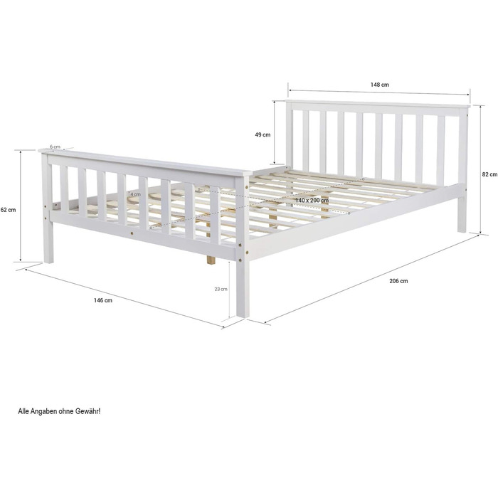 Ліжко Homestyle4u з масиву дерева 140x200 з рейковою основою, узголів&39ям, біле, двоспальне ліжко, каркас ліжка, соснова деревина, 140 x 200 см, білий