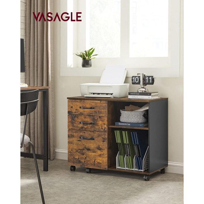 Мобільна картотечна шафа VASAGLE з 3 шухлядами та коліщатками, відкриті відділення, для документів формату DIN A4 та Letter, підставка для принтера, промисловий дизайн, вінтажний коричнево-чорний OFC041B01 Вінтажний коричневий чорний