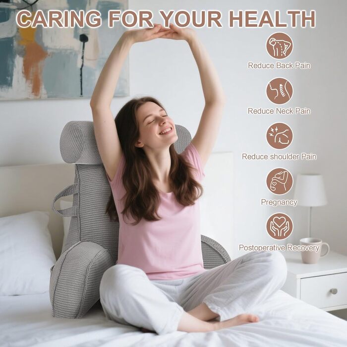 Подушка для спини MINGPINHUIUS, подушка для читання для ліжка та дивана зі знімним валиком для шиї, велика подушка для спини з підлокітником, ідеально підходить як опора для спини для читання, перегляду телевізора, відпочинку, роботи, ігор (сіра)