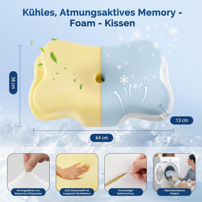 Подушка для шиї з піни з ефектом пам&39яті, ергономічна подушка з підтримкою шиї для сну на боці, спині та животі зі знімним чохлом, синя, 64 38 13 см