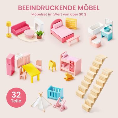 Дерев&39яний ляльковий будиночок Tiny Land для дівчаток дерев&39яний ляльковий будиночок з 6 кімнатами, будинок мрії своїми руками з 30 меблевими аксесуарами, подарунок для дівчаток віком від 3 років