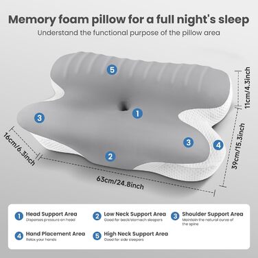 Подушка для сну JINXIA з піни з ефектом пам&39яті, ергономічна ортопедична подушка для шиї, охолоджувальна подушка зі знімною наволочкою для сну на боці, спині та животі, темно-сіра