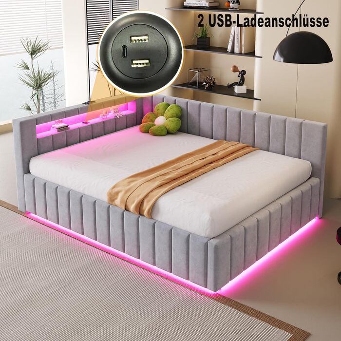 М&39яке ліжко/диван-ліжко 140x200, двоспальне ліжко з гідравлічним відділенням для зберігання, світлодіодним підсвічуванням та функцією заряджання через USB, кушетка/дитяче ліжко з рейковим каркасом, оксамитова тканина, без матраца, світло-сірий 140x200 с