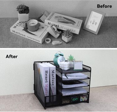 Сітчастий настільний органайзер з вертикальним тримачем для файлів, 5-ярусним лотком для паперу з висувною шухлядою та 2 тримачами для ручок, настільний органайзер з тримачем для журналів для офісного приладдя Black1