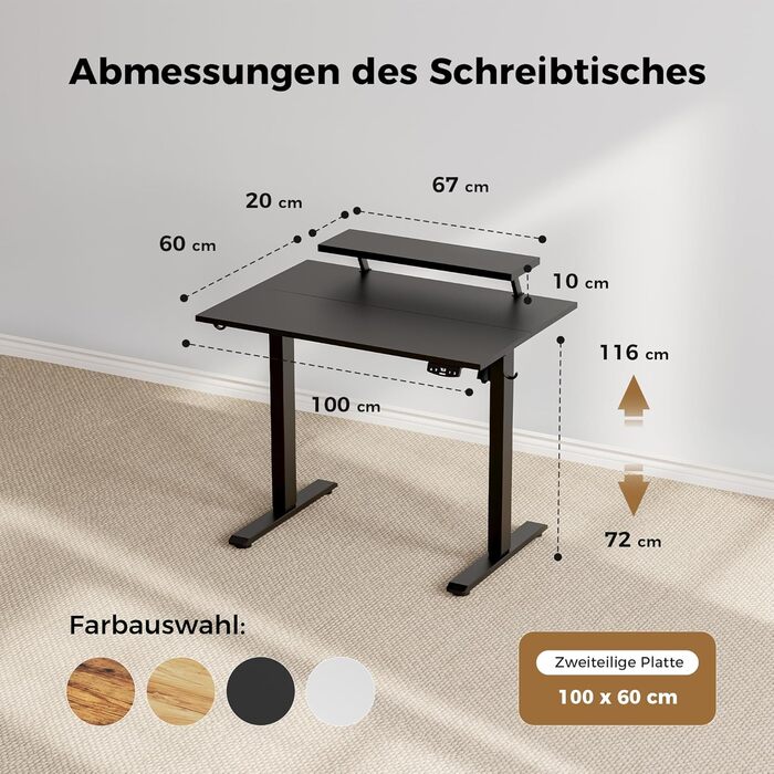 Електрично регульований по висоті стіл Agilestic, 100 x 60 см з рухомою підставкою для монітора, стіл для роботи стоячи з 2 кнопками пам&39яті, 2-секційна стільниця, стіл для домашнього офісу, чорний 100 x 60 см