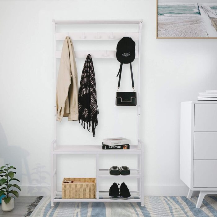 Вішалка для одягу Leader Accessories з лавкою, металева вішалка для одягу в рустикальному стилі, 182x30x84 см (ВxГxШ), біла