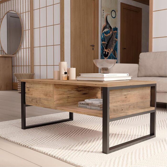 Журнальний столик Laukaa, стіл для вітальні, прямокутна стільниця, приставний столик, 100 x 60 x 45 см, журнальний столик з місцем для зберігання, колір рустикального дуба, рустикальний дуб/чорний