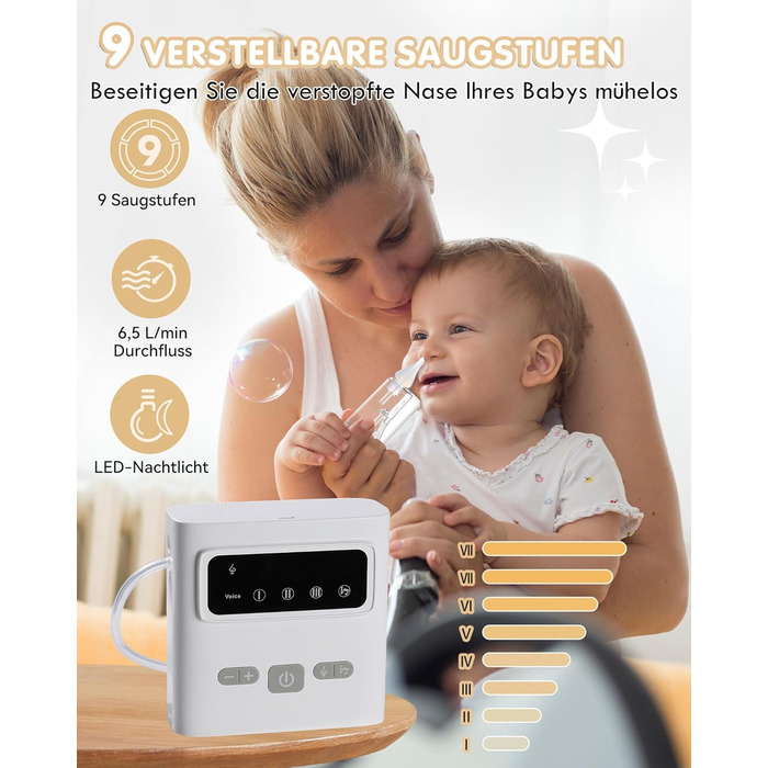 Електричний назальний аспіратор для немовлят, що перезаряджається, з 9 рівнями всмоктування та заспокійливою функцією, із світлом/