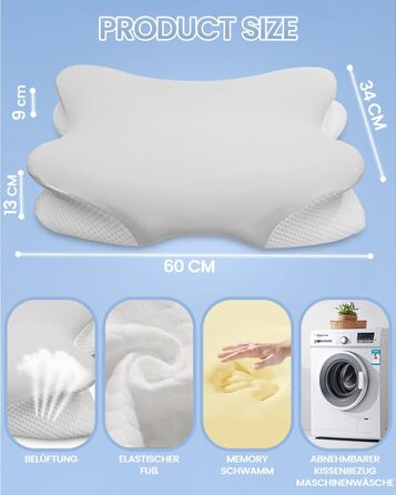 Велика подушка для шиї, подушка для голови, подушка для підтримки шиї, подушка з піни з ефектом пам&39яті, ергономічна ортопедична подушка з наволочкою, подушка для сну на боці, спині та животі - 60 x 34 см x 9/13 см, сірий