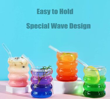 Ребристі склянки для пиття зі скляними соломинками Набір з 4 шт. , склянки для кави з льодом 350 мл, склянки Wave Glasses Tumbler,