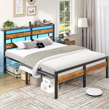 Ліжко 140x200 з металевою рейковою основою, двоспальний каркас ліжка 140x200 см зі світлодіодним освітленням та зарядною станцією (2 розетки змінного струму, 1 порт USB та 1 порт Type-C), металеве ліжко з узголів&39ям, чорно-коричневе, 140x200 см