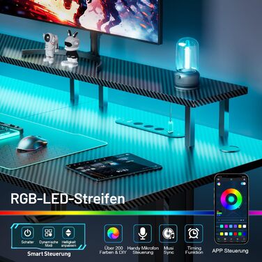 Ігровий стіл зі світлодіодним підсвічуванням, 160 x 60 см, ігровий стіл з 3 розетками та 2 USB-портами, комп&39ютерний стіл з підставкою для монітора, стабільний ігровий стіл для ПК для офісу та ігор, чорний, стіл 160 см