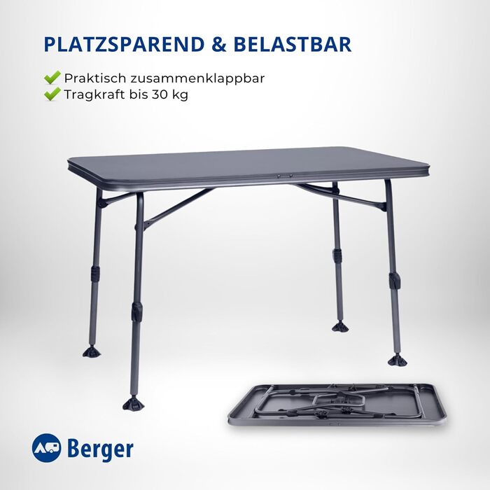 Кемпінговий стіл BERGER Molveno Складаний стіл, регульована висота, 115 x 70 см, алюмінієвий кемпінговий стіл, складний кемпінговий стіл, садовий стіл, складаний Складаний стіл, обідній стіл, балконний стіл, садовий стіл, патіо