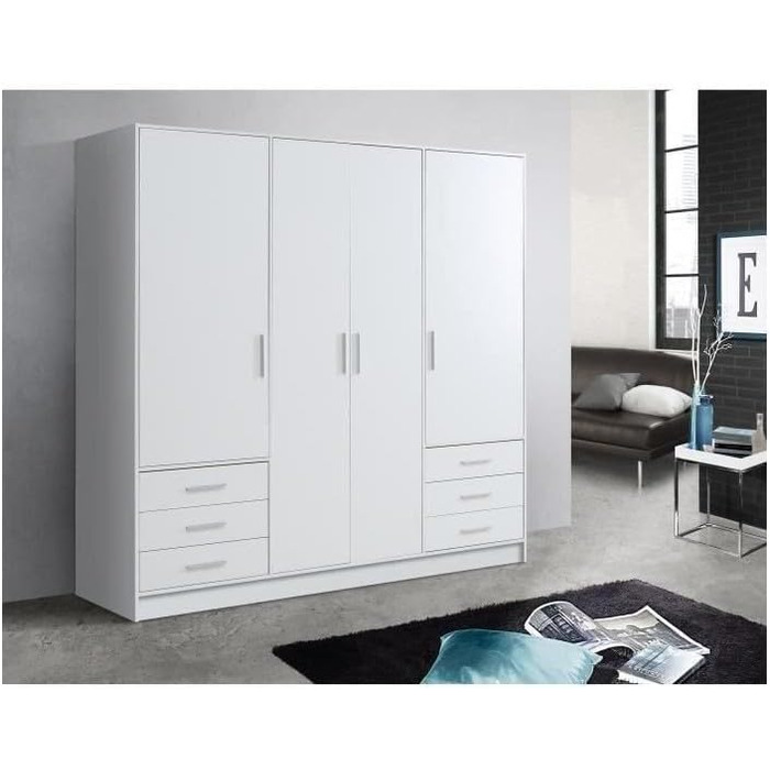 Шафа 200 210, біла шафа, шафа з орними дверима, 4 двері, з 6 шухлядами та полицями, чорно-білий колір, 206,5 см завширшки x 60 см завглибшки x 200 см заввишки. Біла 206 x 200 x 60 см, 4 двері