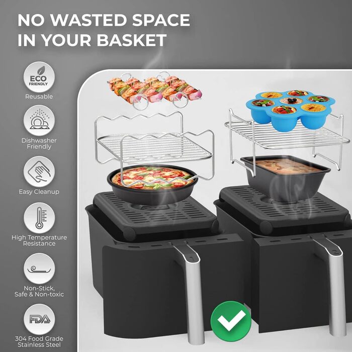 Набір аксесуарів Vusddy з 8 предметів для двозонних фритюрниць - сумісний з Ninja Foodi AF400EU, AF300EU, Innsky 8L, Princess 182074, Tefal 7.6L-9.5L - Двокамерний набір аксесуарів для фритюрниці XL