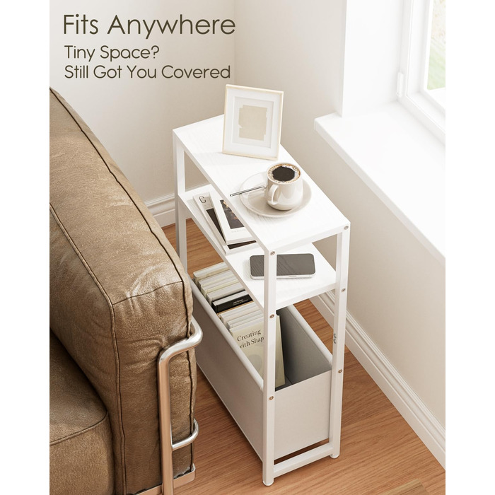 Журнальний столик з місцем для зберігання речей, 3-ярусний вузький журнальний столик з сумкою, вузька тумбочка, маленький журнальний столик для невеликих приміщень, спальня, вітальня, офіс (білий)