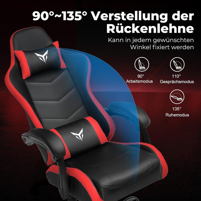 Ігрове крісло GTPLAYER, ергономічне офісне крісло з регульованим підголівником та поперековою опорою, ігрове крісло, червоне