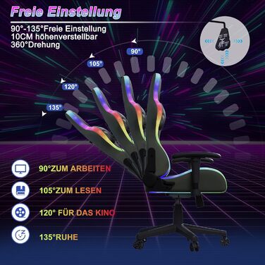 Ергономічне ігрове крісло для комп&39ютера з U-подібною подушкою для підтримки шиї, ігрове крісло зі світлодіодним підсвічуванням, функцією масажу попереку, регулювання висоти, сірий колір