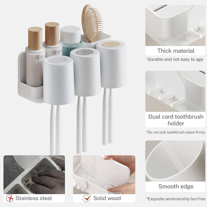 Тримач зубної щітки електрична зубна щітка, підставка чашки для зубної щітки без свердління, самоклеюча настінна підставка для зубної щітки з 3 чашками для зубних щіток, для різних зубних щіток, зубних паст і гребінців
