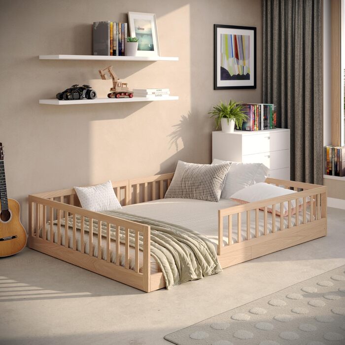 Дитяче ліжко CADANI Timi 140x200 см, підлогове ліжко, знімні захисні поручні, вантажопідйомність до 200 кг, висувна рейкова основа, ліжко Монтессорі з масиву сосни, 3 варіанти складання, трансформоване, натуральний колір 140 x 200 см