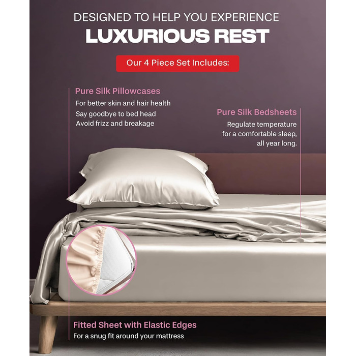 Комплект шовкової постільної білизни Colorado Home Co Mulberry, 100 шовк, простирадло з глибокою кишенею, повне приталене простира