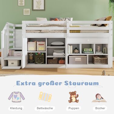 Дитяче ліжко 90x200, ліжко-горище з письмовим столом, шафою для зберігання та сходами для зберігання, дерев&39яне ліжко із захистом від падіння та рейковою основою, односпальне ліжко, дитяче ліжко, функціональне ліжко, ліжко з місцем для зберігання, карка